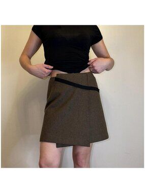 Jil Sander Olive Brown Wool Overlap A-Line Mini Skirt 34 Made Italy